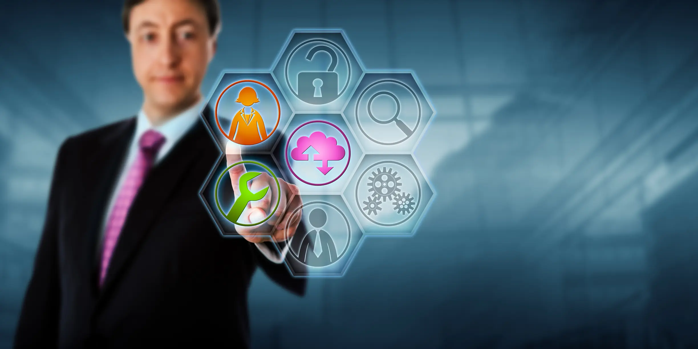 Business Man Touching Managed Service Icons