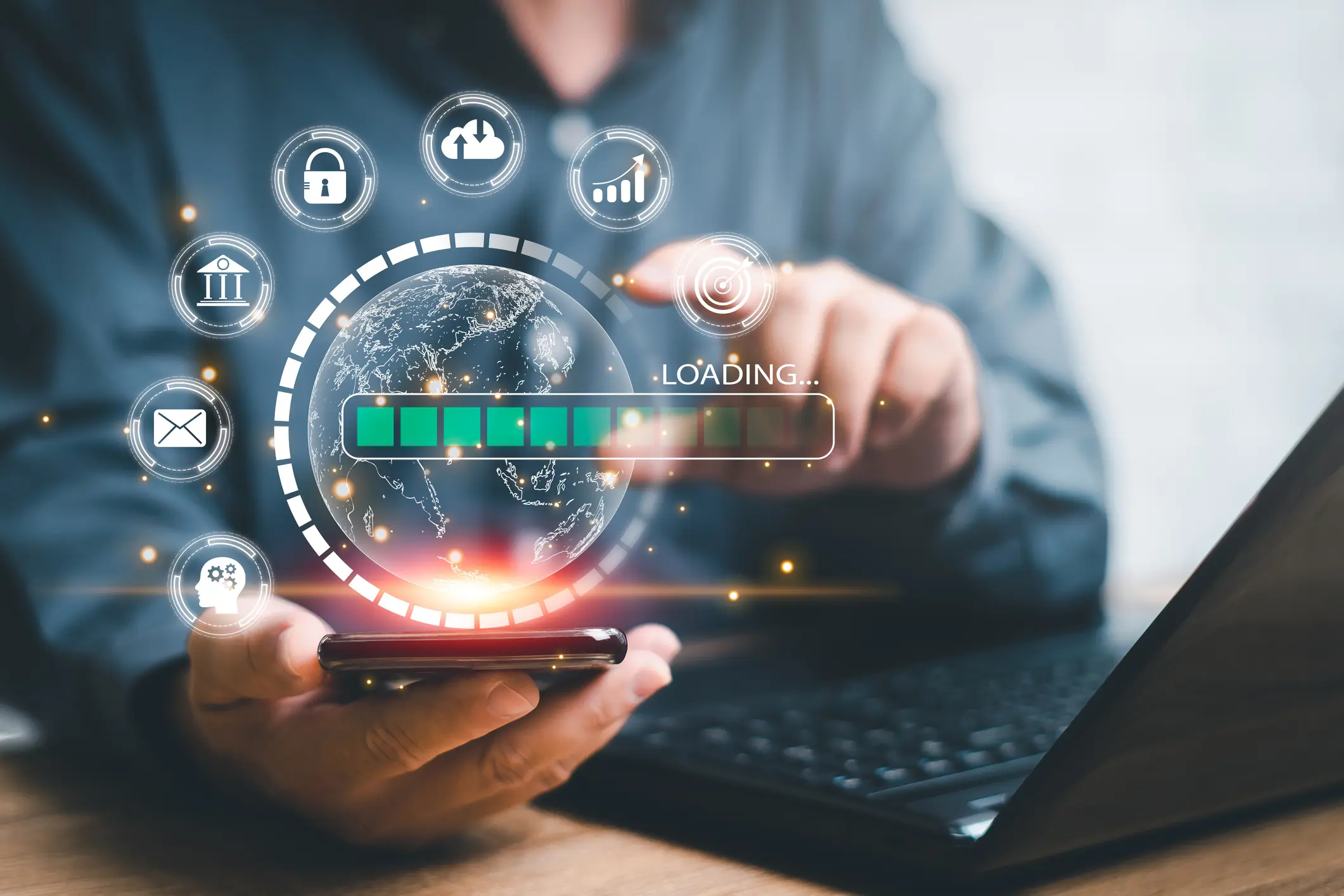 Business innovation and inspiration and financial information on the Internet security, Businessman use smartphone loading data global internet connection application technology and digital marketing