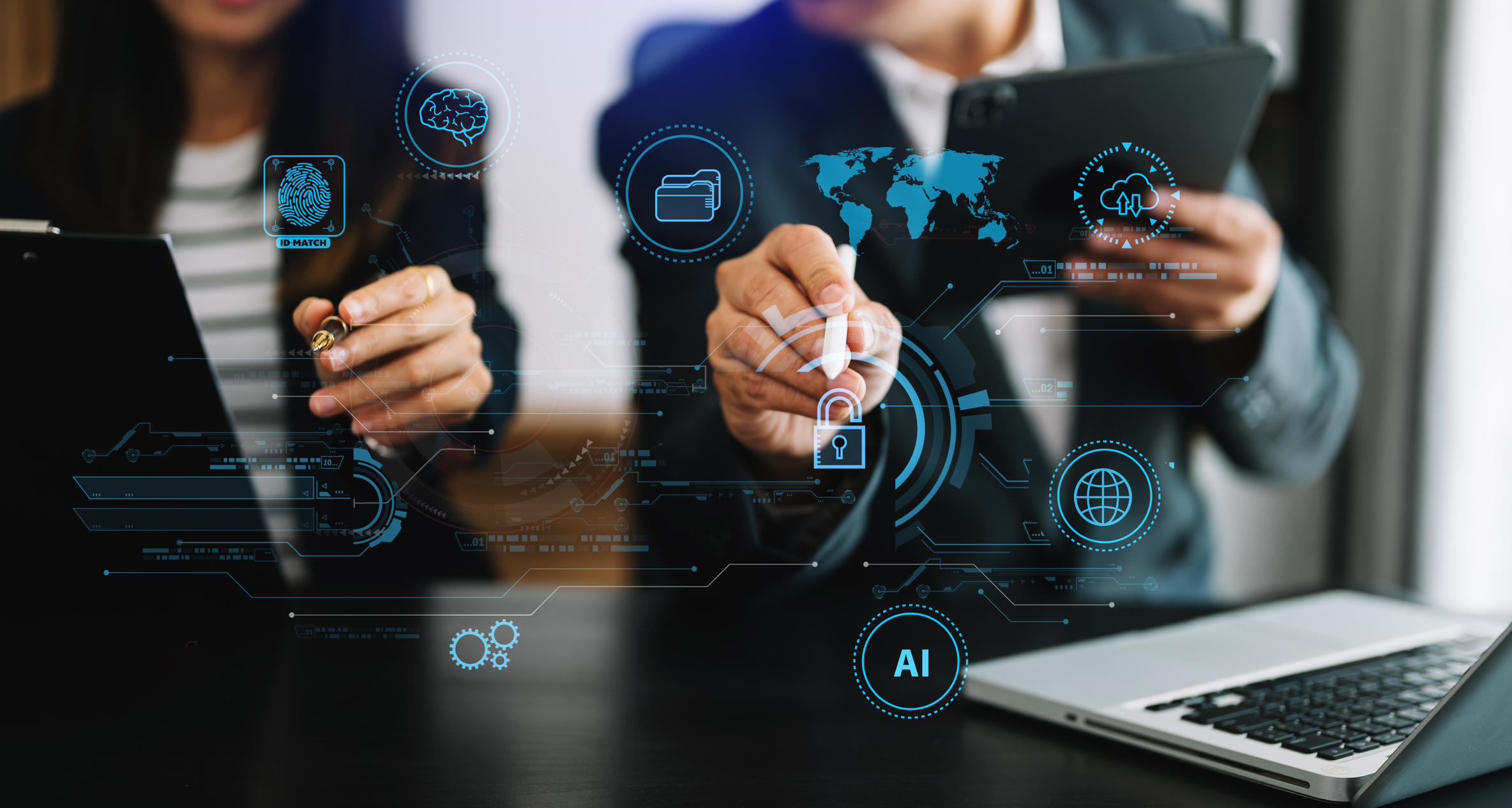 Network security. business using digital tablet and computer with digital padlock for data protection, internet technology networking and cyber security technology